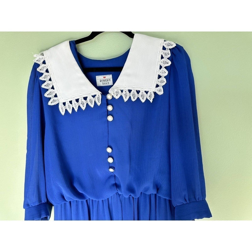 Vtg 80s Dress Lace Collar Pearl Buttons Midi Sz L XL Long Sleeve Victori… - Picture 2 of 9